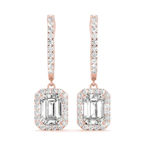 Emerald Cut Halo Drop Earrings (1/2 ct. tw.), Front view in rose gold