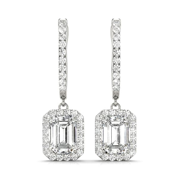Emerald Cut Halo Drop Earrings — 6X4 MM — View 1