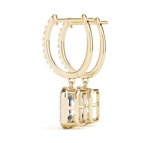 Emerald Cut Halo Drop Earrings (1/2 ct. tw.), Side view in yellow gold