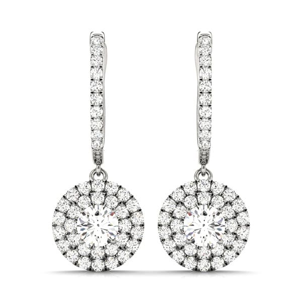 Round Double Halo Drop Earrings — 1/8 CT — View 1
