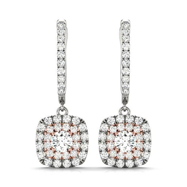 Cushion Shaped Double Halo Drop Earrings (3/4 ct. tw.), Front view in rose gold