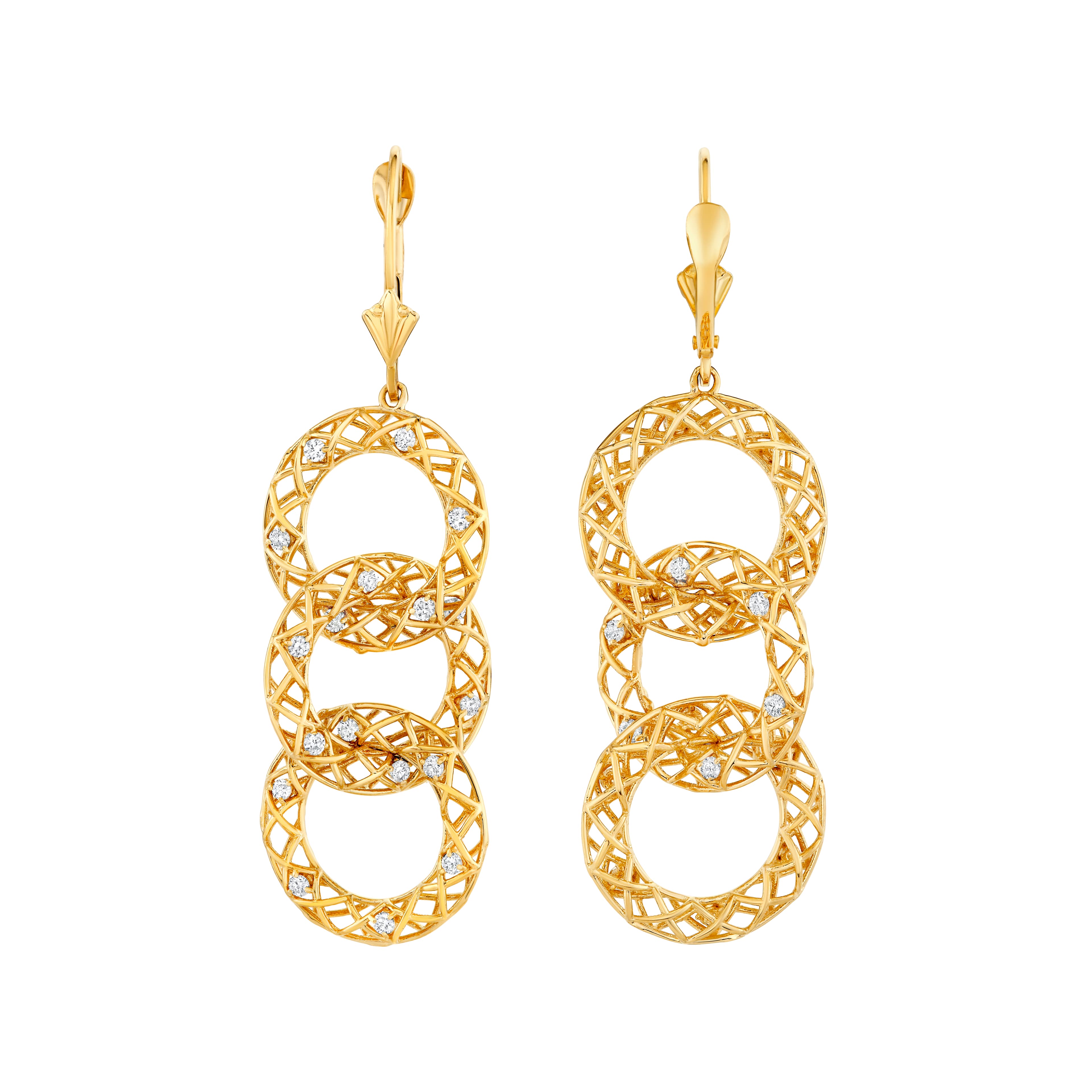 Light Weight 3 Circle Earrings (0.18 ct. tw.), Angle view in yellow gold