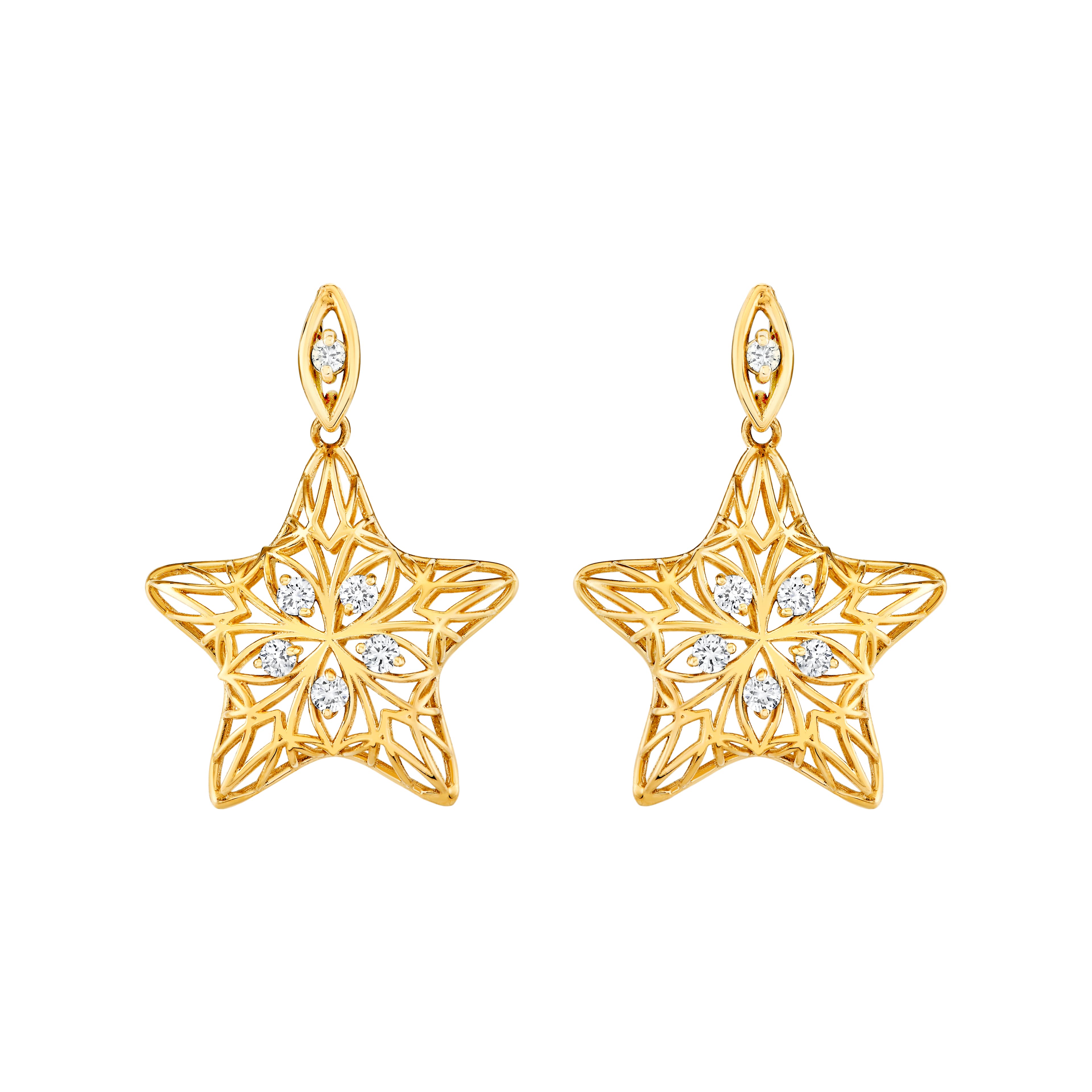 Light Weight Puffy Star Earrings (16 MM) (0.16 ct. tw.), Front view in yellow gold