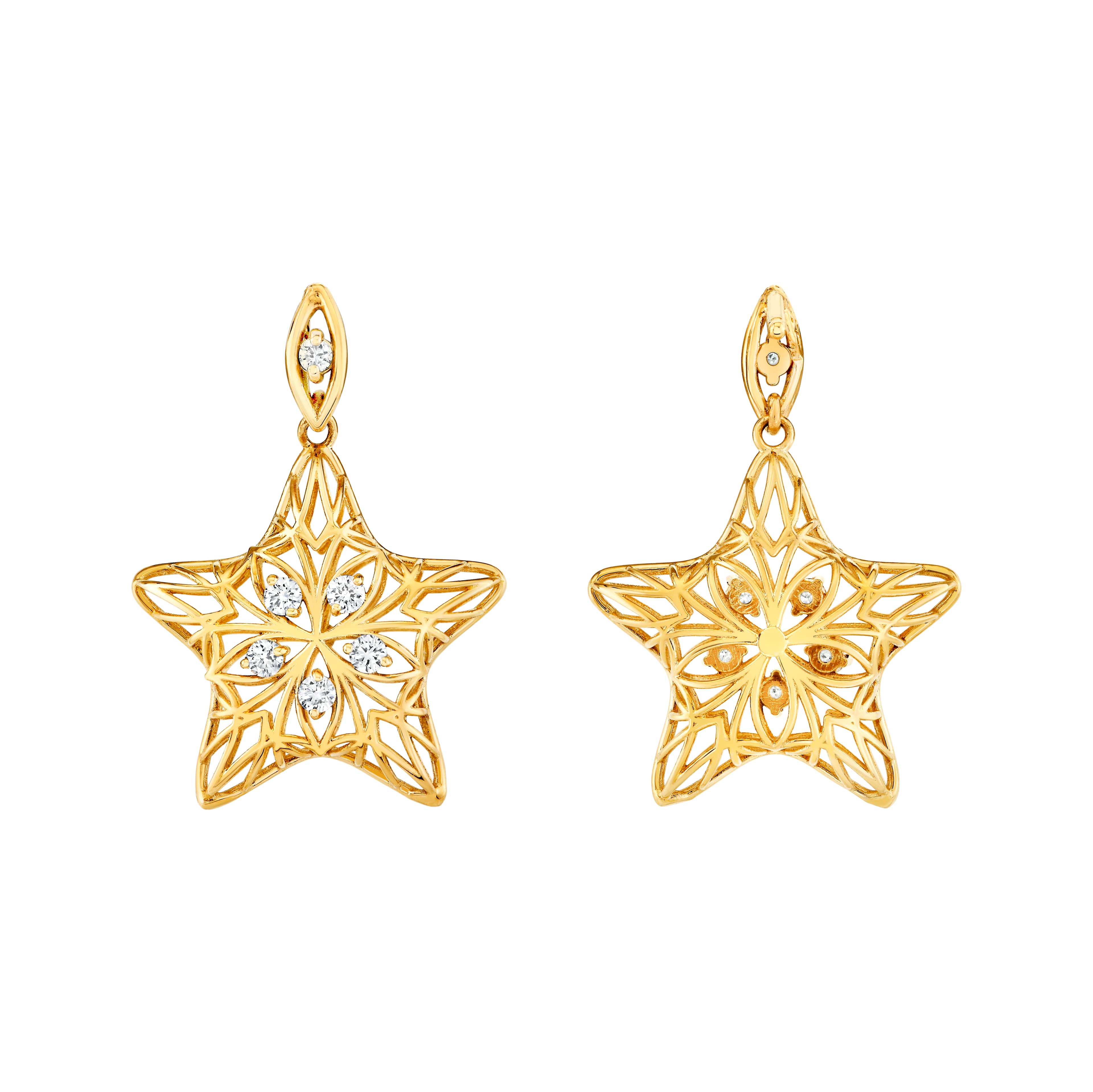 Light Weight Puffy Star Earrings (16 MM) (0.16 ct. tw.), Angle view in yellow gold