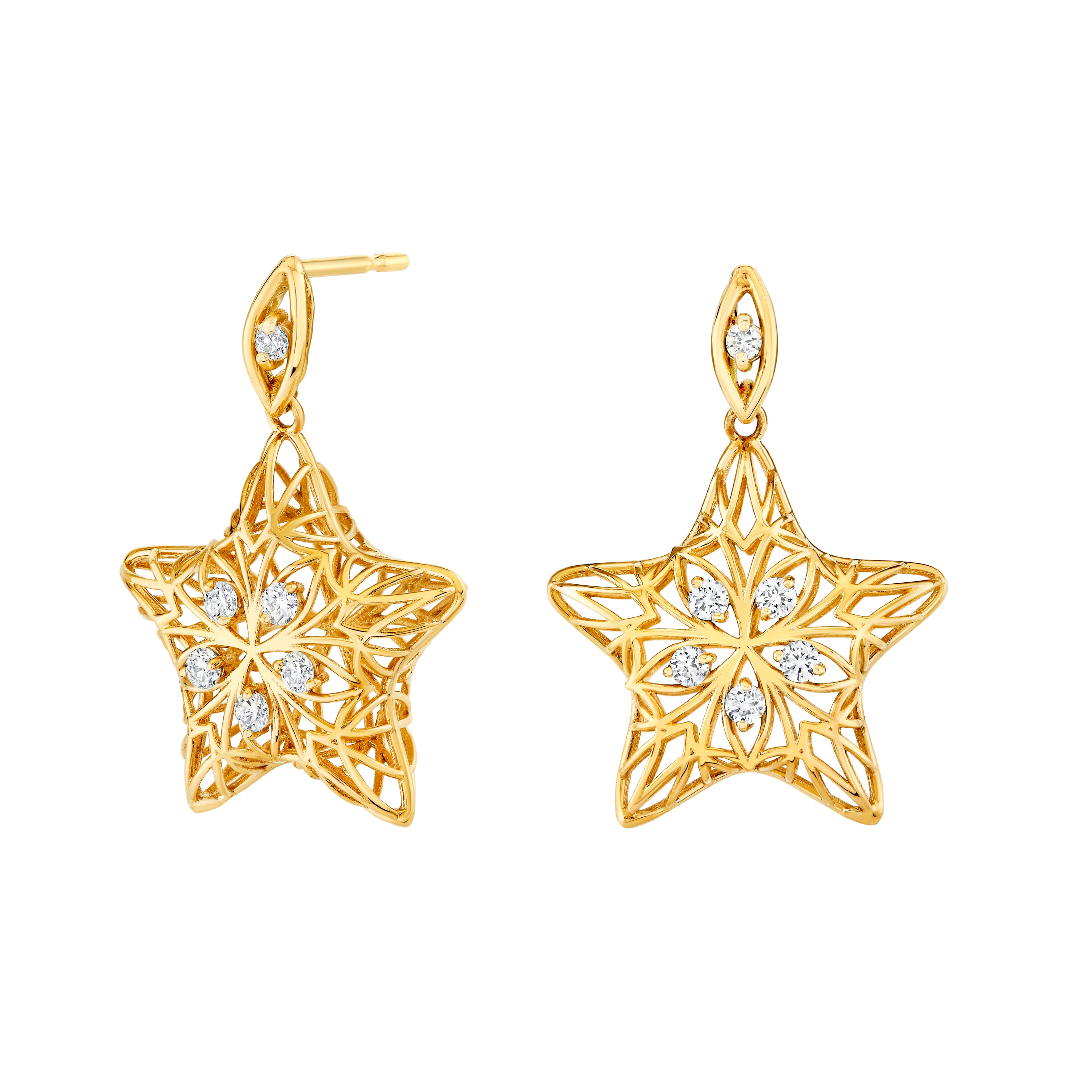 Light Weight Puffy Star Earrings (16 MM) (0.16 ct. tw.), Side view in yellow gold