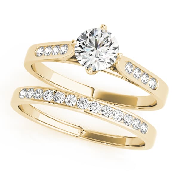 Single Row Channel Set Peg Head Engagement Ring, style 50001, On hand view in yellow gold