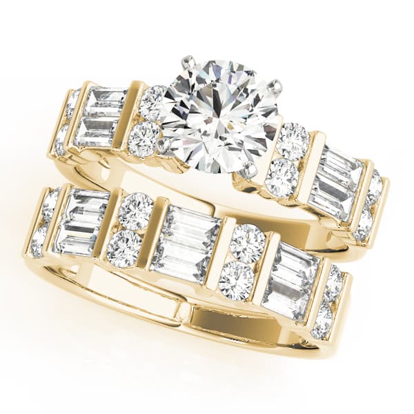 Round & Straight Baguette Channel Set Peg Head Engagement Ring, style 50189, On hand view in yellow gold