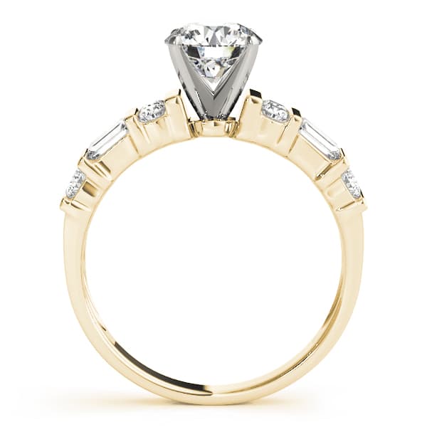 Round & Straight Baguette Channel Set Peg Head Engagement Ring, style 50189, Side view in yellow gold