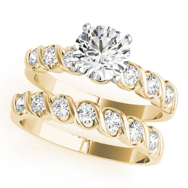 Single Row Peg Head Engagement Ring, style 50204, On hand view in yellow gold