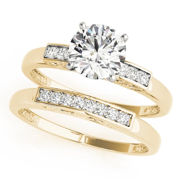 Single Row Peg Head Engagement Ring, style 50251, On hand view in yellow gold