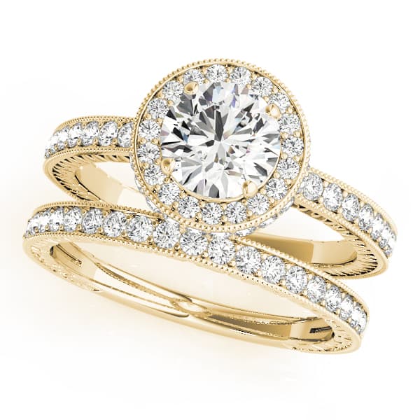 Halo Round Engagement Ring, style 50277, On hand view in yellow gold