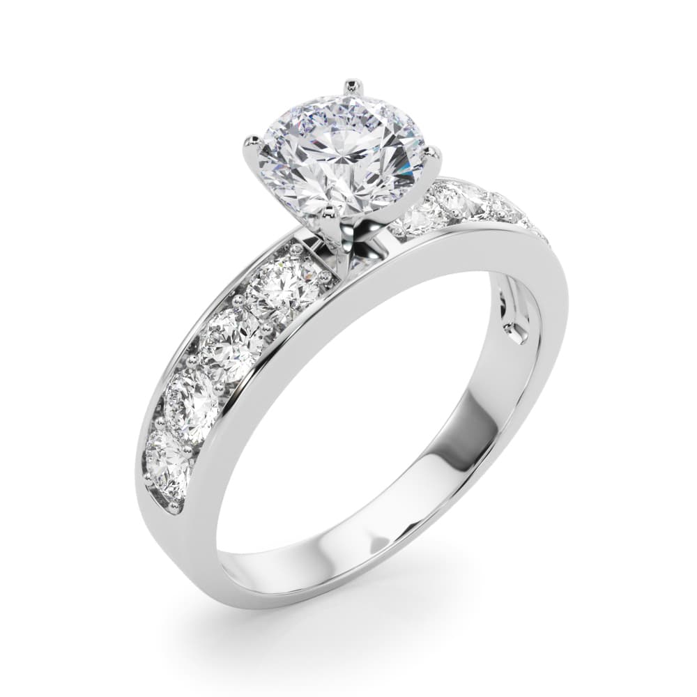 Single Row Channel Set Engagement Ring, style 50280, Angle view in white gold or platinum