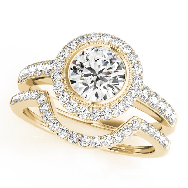 Halo Round Engagement Ring, style 50282, On hand view in yellow gold