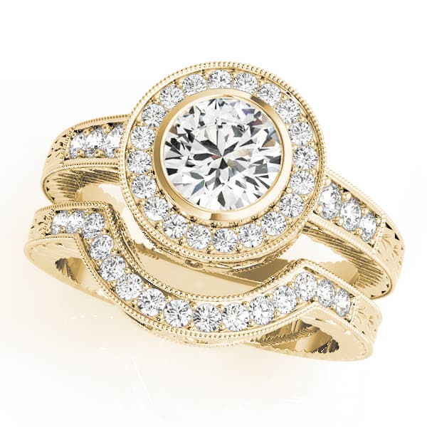 Halo Round Engagement Ring, style 50293, On hand view in yellow gold