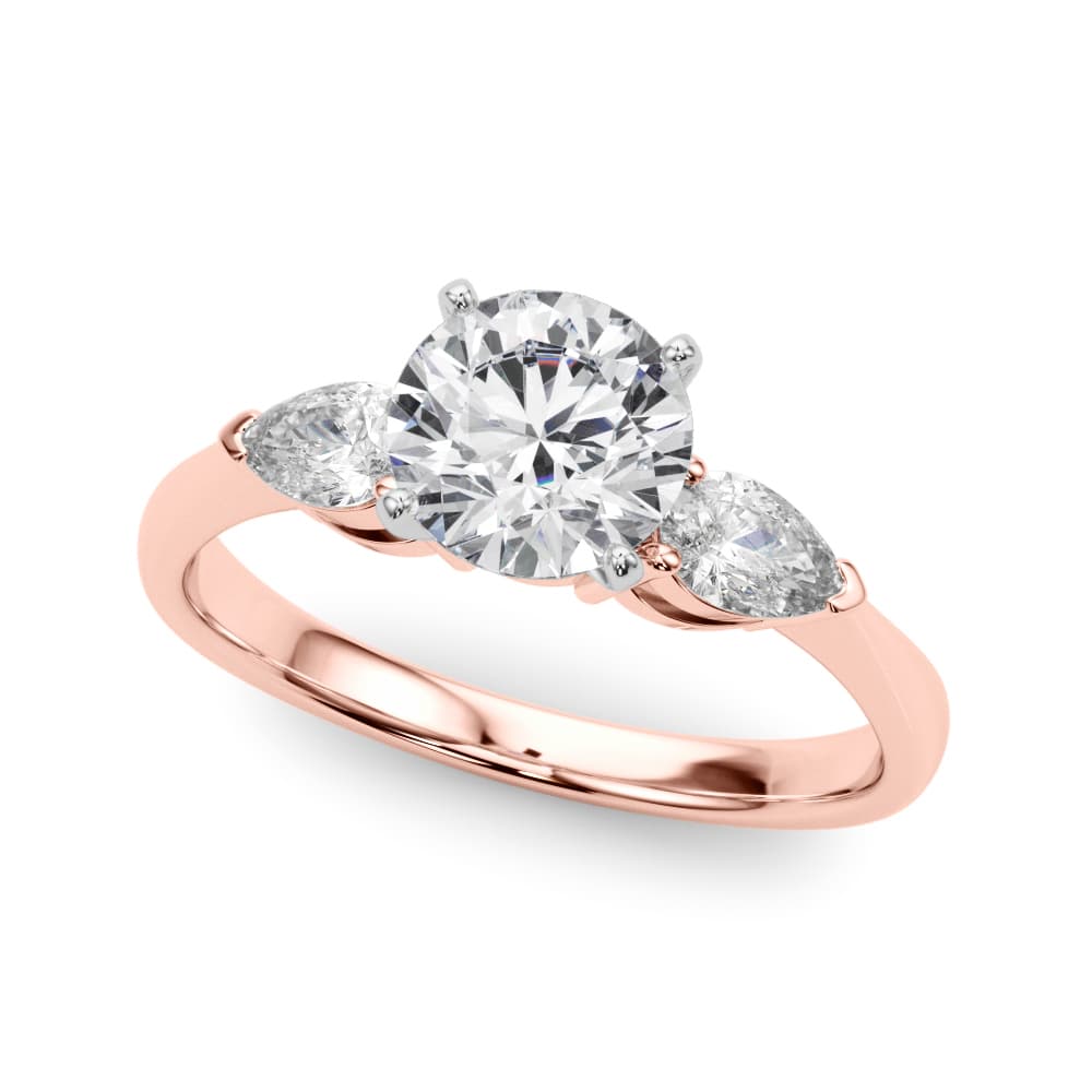 Pear Accent Three-Stone Engagement Ring, style 50309, Front view in rose gold