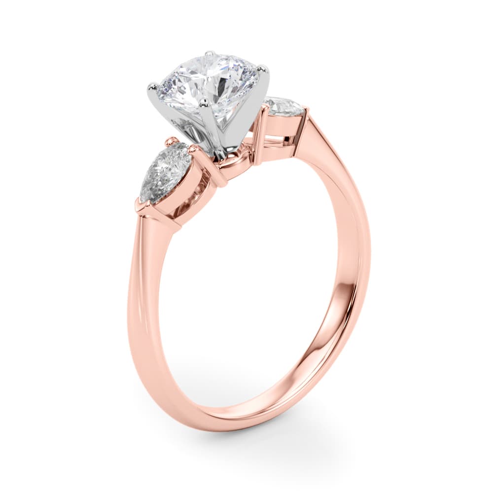 Pear Accent Three-Stone Engagement Ring, style 50309, Angle view in rose gold