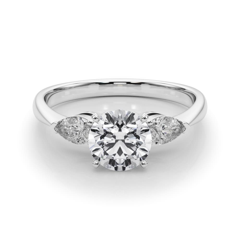 Pear Accent Three-Stone Engagement Ring, style 50309, On hand view in white gold or platinum