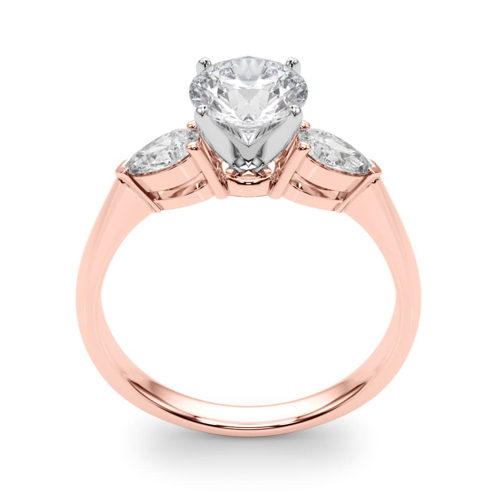 Pear Accent Three-Stone Engagement Ring, style 50309, Top view in rose gold