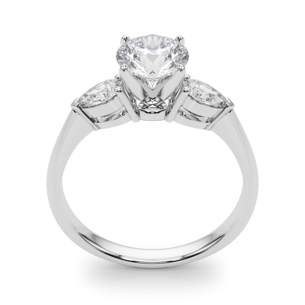 Pear Accent Three-Stone Engagement Ring, style 50309, Top view in white gold or platinum