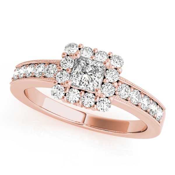 Single Row Halo Cushion Milgrain Engagement Ring, style 50315, Front view in rose gold