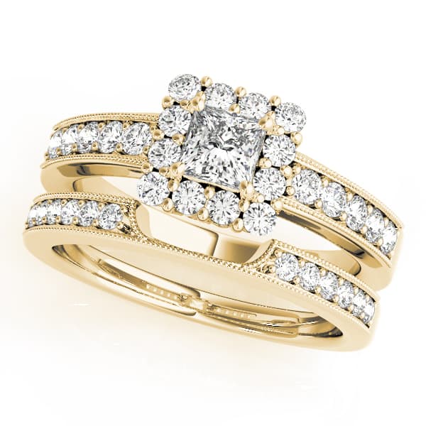 Single Row Halo Cushion Milgrain Engagement Ring, style 50315, On hand view in yellow gold