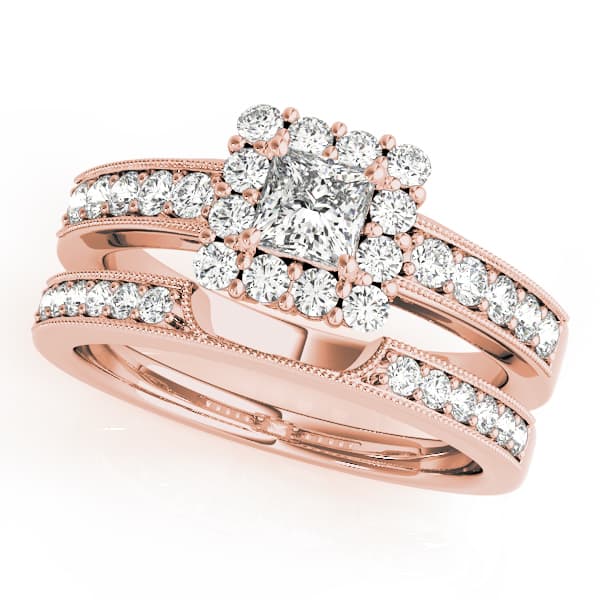 Single Row Halo Cushion Milgrain Engagement Ring, style 50315, On hand view in rose gold
