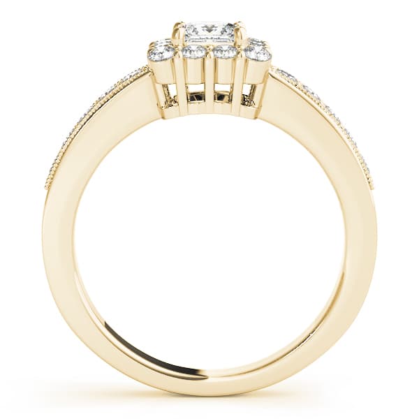 Single Row Halo Cushion Milgrain Engagement Ring, style 50315, Side view in yellow gold