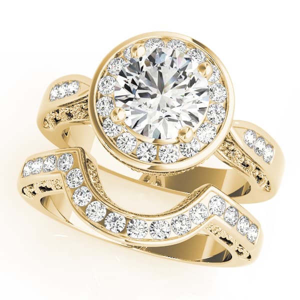 Halo Round Engagement Ring, style 50338, On hand view in yellow gold