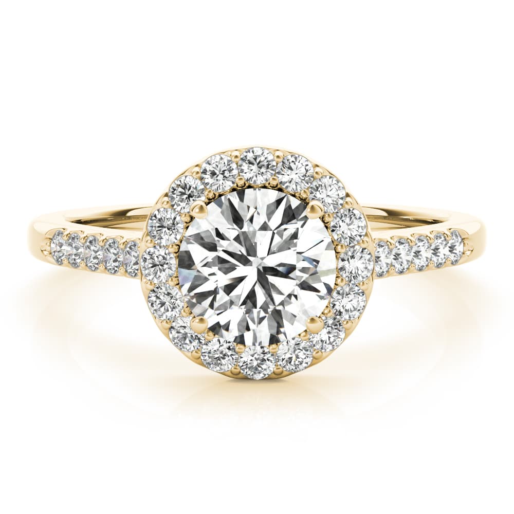 Round Halo Single Row Engagement Ring, style 50345, Angle view in yellow gold