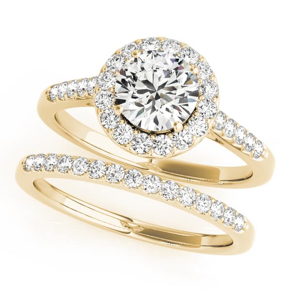 Round Halo Single Row Engagement Ring, style 50345, On hand view in yellow gold