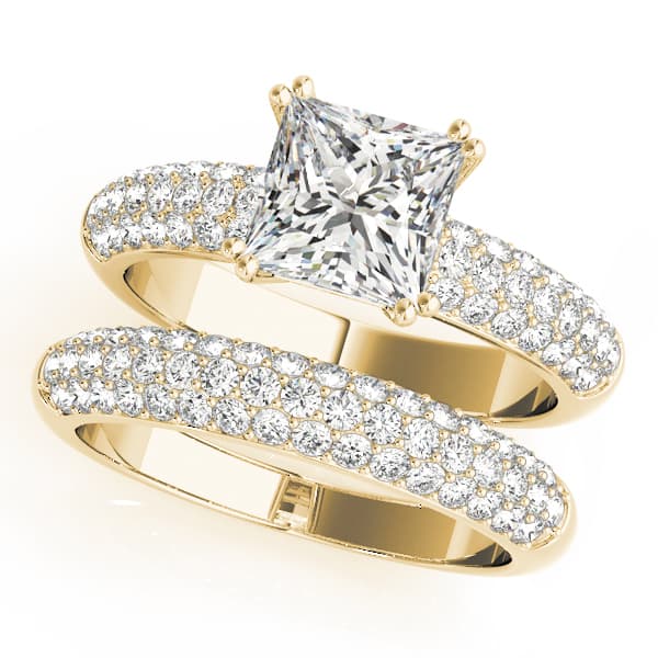 Multi-Row Pavé Double Prong Cushion Engagement Ring, style 50358, On hand view in yellow gold