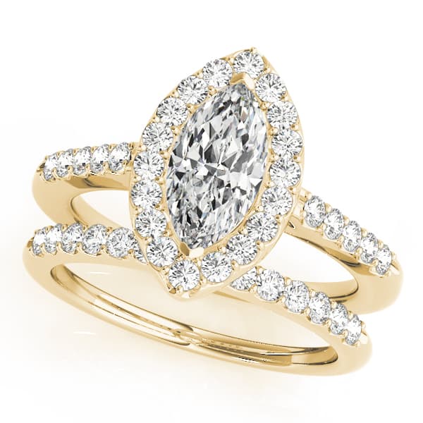 Marquise Halo Engagement Ring, style 50375, On hand view in yellow gold