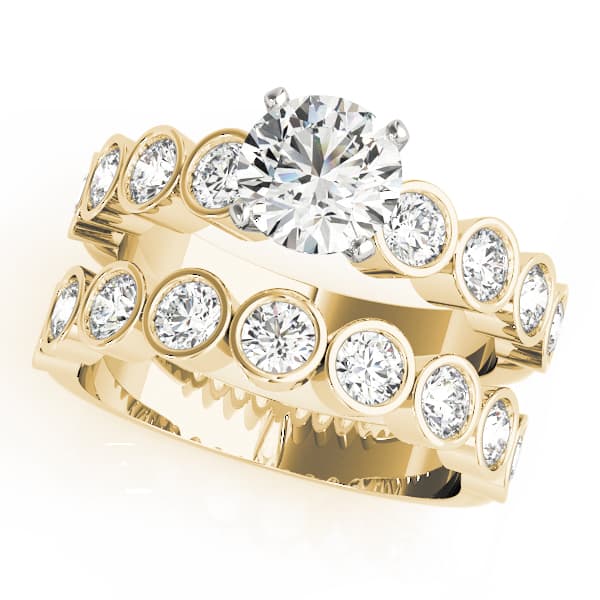 Single Row Bezel Engagement Ring, style 50387, On hand view in yellow gold