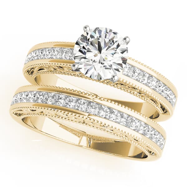 Antique Princess Cut Milgrain Engagement Band, style 50390, On hand view in yellow gold