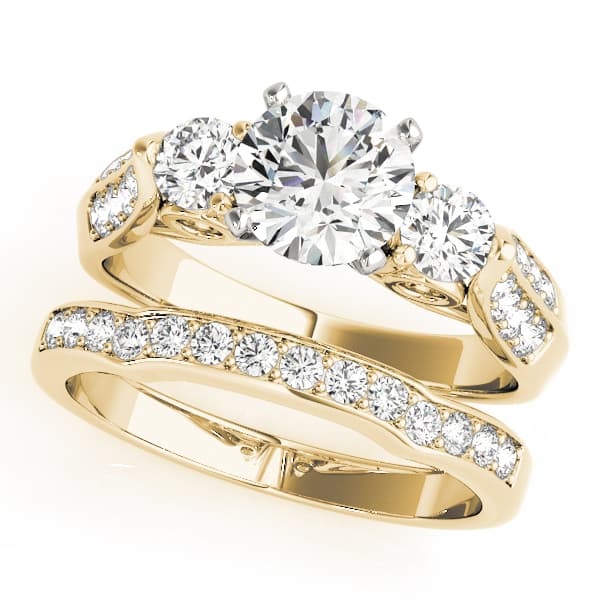 3 Stone Round Engagement Ring, style 50418, On hand view in yellow gold