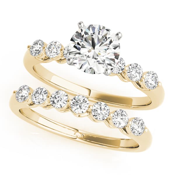 Single Row Shared Prong Engagement Ring, style 50422, On hand view in yellow gold