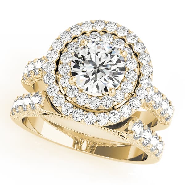 Halo Round Engagement Ring, style 50424, On hand view in yellow gold