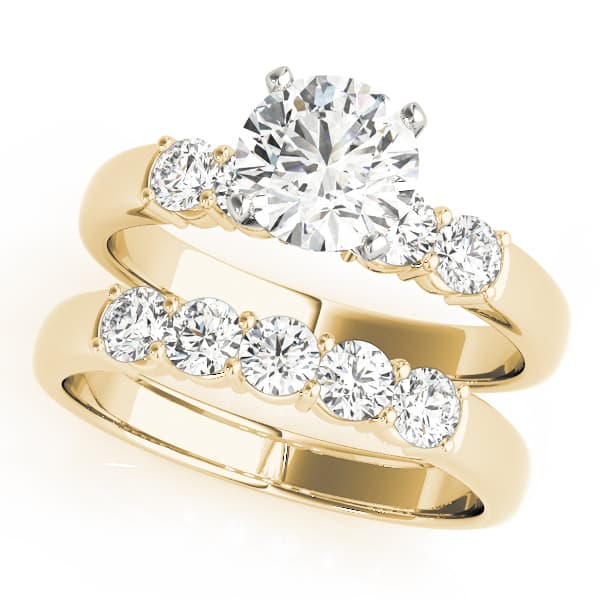 Shared Prong Engagement Ring, style 50437, On hand view in yellow gold
