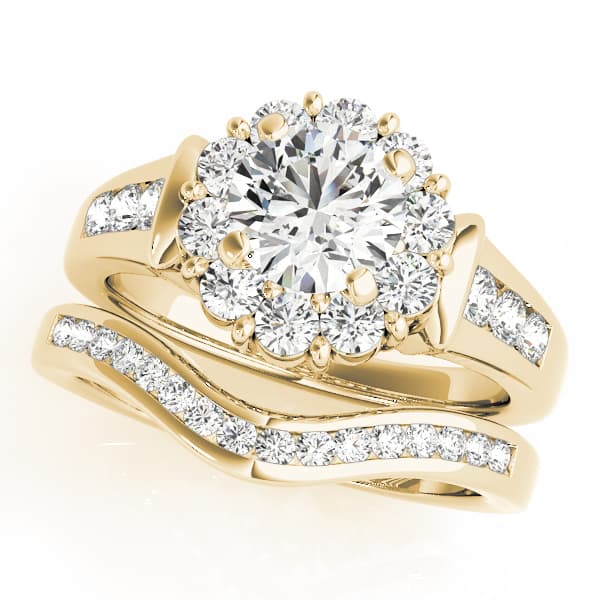 Halo Round Engagement Ring, style 50455, On hand view in yellow gold