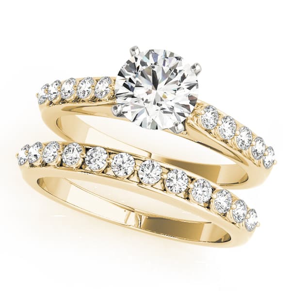 Single Row Shared Prong Engagement Ring, style 50456, On hand view in yellow gold