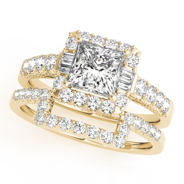 Milgrain Halo Engagement Ring, style 50459, On hand view in yellow gold