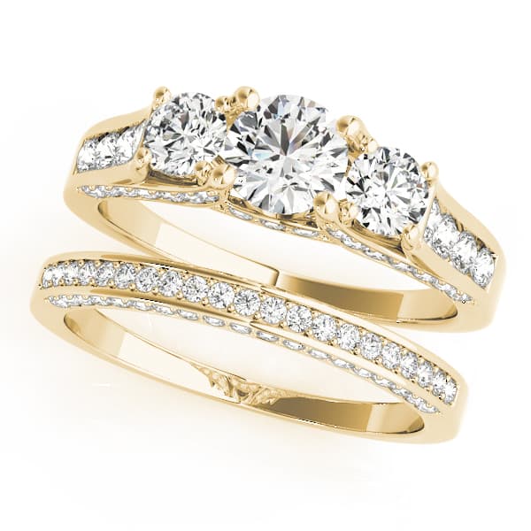 3-Stone Hidden Halo Engagement Ring, style 50470, On hand view in yellow gold