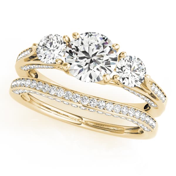 3 Stone Round Engagement Ring, style 50477, On hand view in yellow gold
