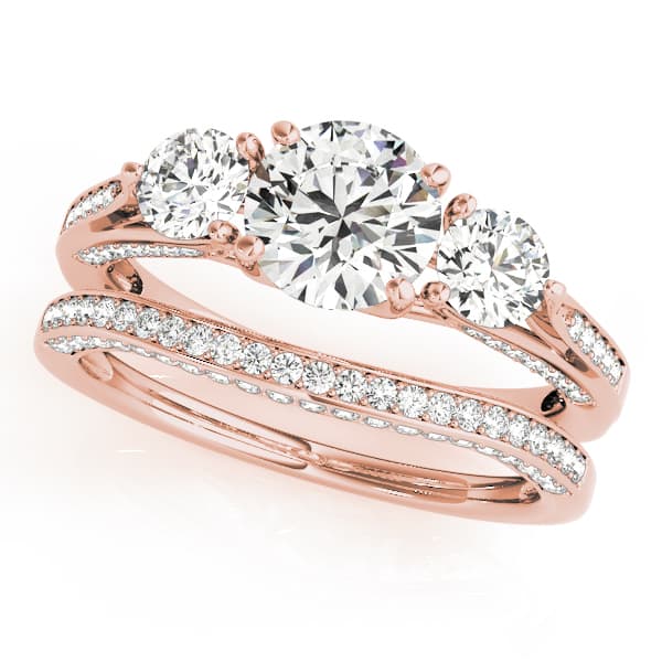 3 Stone Round Engagement Ring, style 50477, On hand view in rose gold