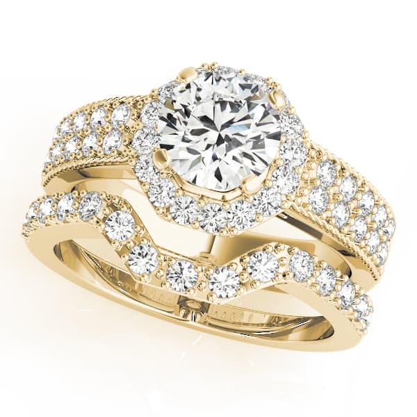 Halo Round Engagement Ring, style 50494, On hand view in yellow gold