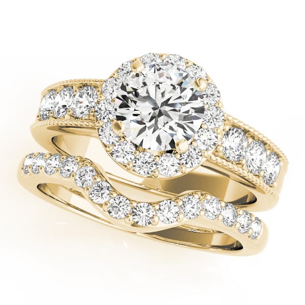 Halo Round Engagement Ring, style 50500, On hand view in yellow gold