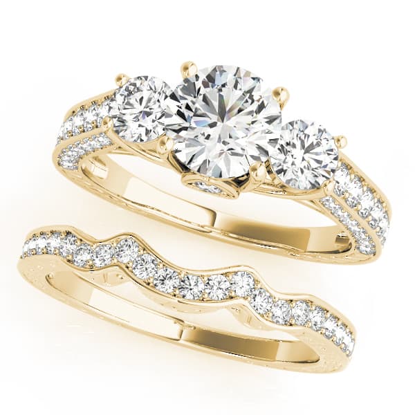 Round 3-Stone Engagement Ring, style 50509, On hand view in yellow gold