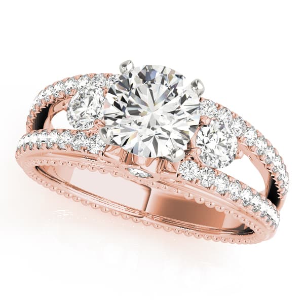 3-Stone Split Shank Vintage Engagement Ring, style 50514, Front view in rose gold