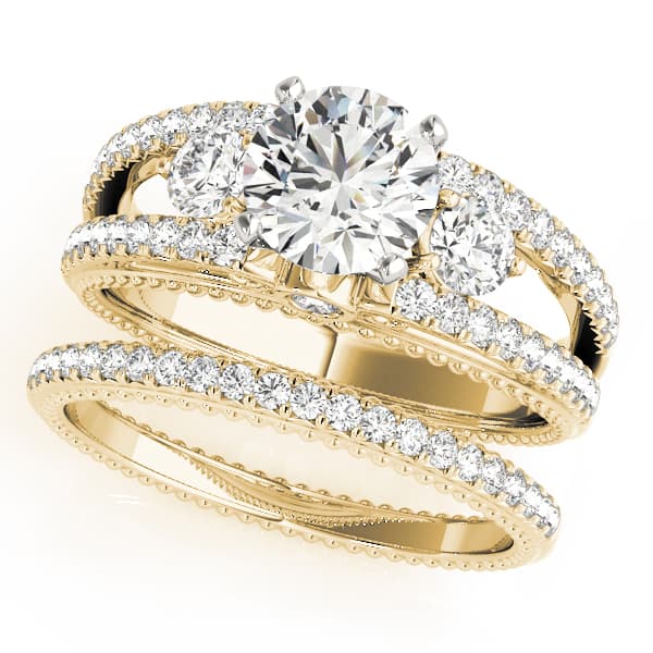 3-Stone Split Shank Vintage Engagement Ring, style 50514, On hand view in yellow gold