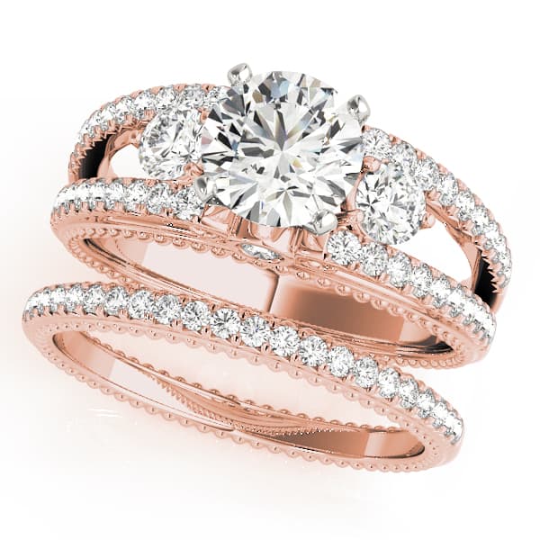 3-Stone Split Shank Vintage Engagement Ring, style 50514, On hand view in rose gold